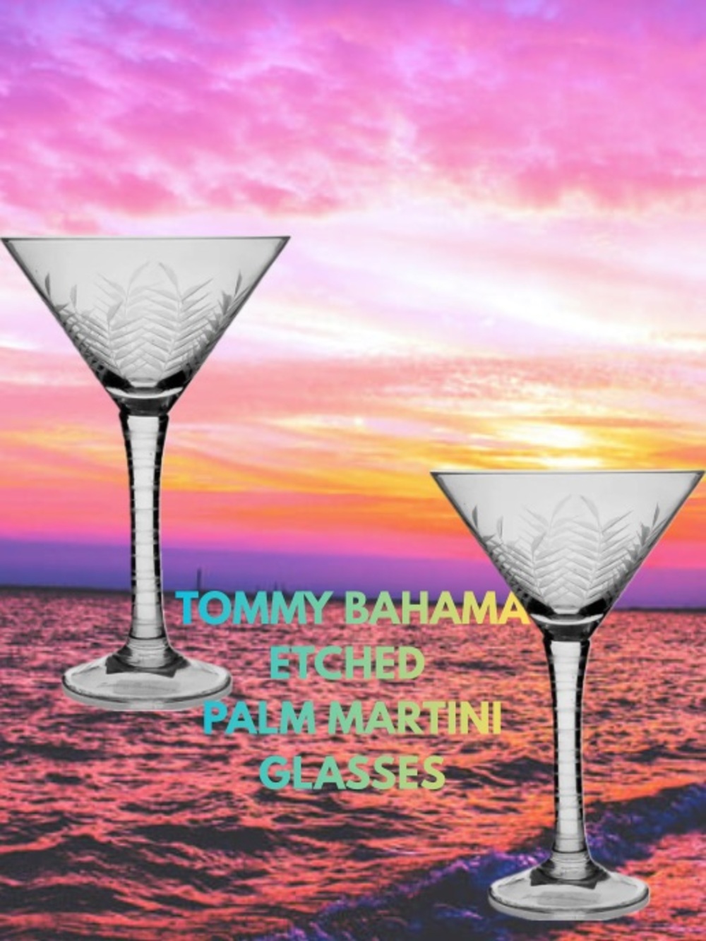 Tommy Bahama Clear Intricate Etched Palm Cocktail Glasses